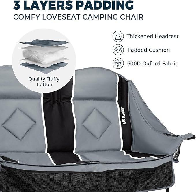 Oversized Double Camping Chair - 2 Person Portable Folding Outdoor Loveseat Heavy Duty Lawn Chairs for Adults with Padded Cushion & Dual Cup Holders, Supports 660LBS for Camping，Sports，Picnic