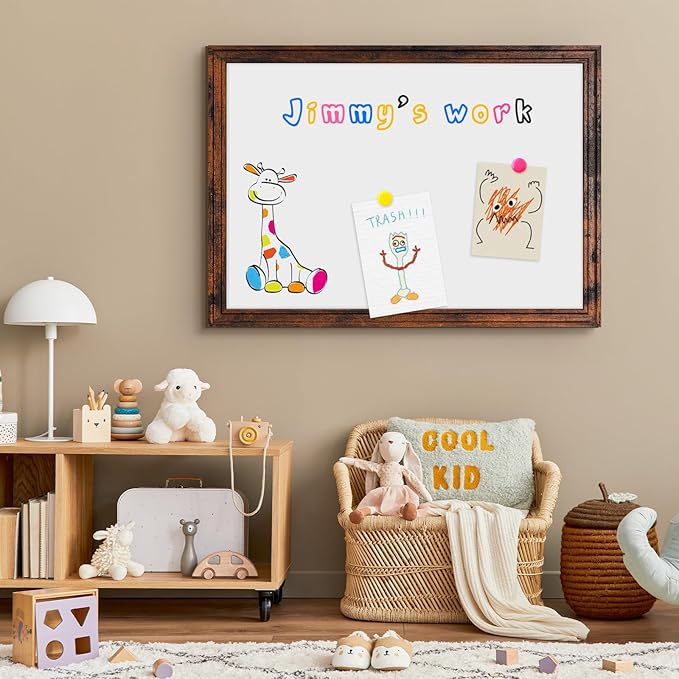 4 THOUGHT Dry Erase Board, 24" x 18" Magnetic Whiteboard Brown Vintage Wood Frame Wall-Mounted White Board Decorative Notice Board School, Office, Home, 8 Magnets 4 Markers 1 Eraser