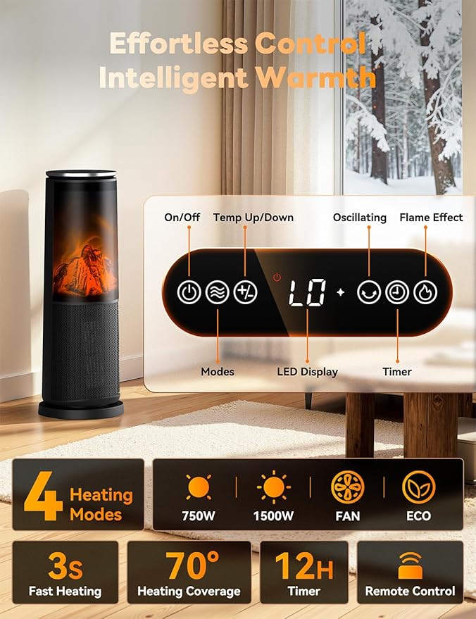 Manastin Space Heaters for Indoor Use, 120° Oscillation Electric Heater with Remote, Adjustable Thermostat, Flame Effect, 24H Timer, Safety Protection, Portable Heater for Large Room, Office