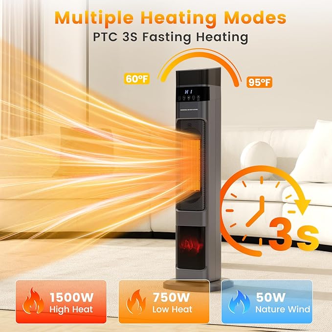 VCJ 31" Space Heaters, 1500W 12H Timer Electric Heater for Indoor Use, Remote, 120° Oscillation, Water Mist, Overheat & Tip-Over Protection, Quiet Portable Tower Heater for Bedroom Living Room Garage
