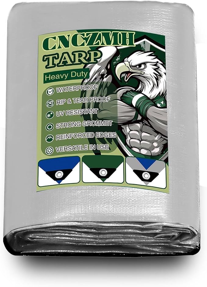 Heavy Duty Tarp Waterproof 16x20 Feet, 10 Mil Thick Silver Blue Poly Tarps Outdoor, Metal Grommets, Reinforced Edges, Multipurpose Tarpaulin Cover for Camping, Boat, Swimming Pools