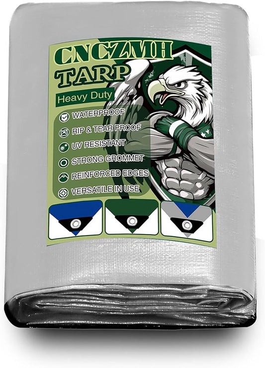 Heavy Duty Tarp Waterproof 6x8 Feet, 10 Mil Thick Silver Blue Poly Tarps Outdoor, Metal Grommets, Reinforced Edges, Multipurpose Tarpaulin Cover for Camping, Boat, Swimming Pools