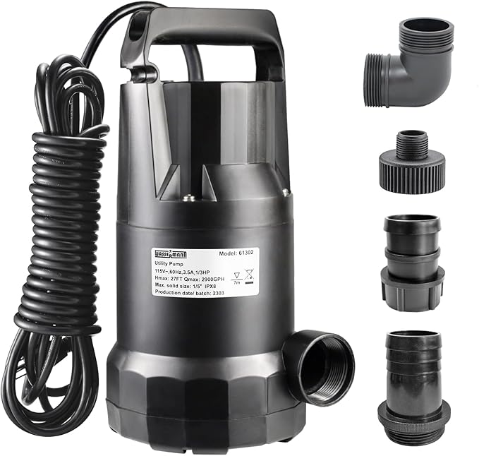 WASSERMANN 1/3HP Submersible Water Pump-Oil Free Design with 10 FT Power Cord,2900GPH Thermoplastic Utility Portable Transfer Pump Clean Water Removal Drain Pump for Swimming Pool Garden Basement