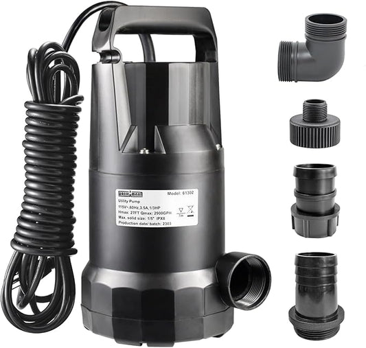 WASSERMANN 1/3HP Submersible Water Pump-Oil Free Design with 10 FT Power Cord,2900GPH Thermoplastic Utility Portable Transfer Pump Clean Water Removal Drain Pump for Swimming Pool Garden Basement