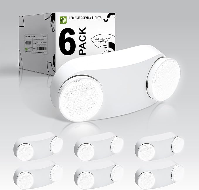 ASD LED Emergency Lights with Battery Backup - 120-277V UL 2.5W Two Round Head Adjustable for Business, Commercial Hardwired Damp Location Emergency Exit Power Outage Lights, 6 Pack