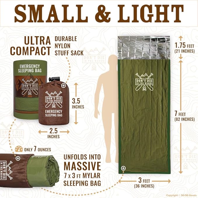 Don’t Die in The Woods - Survival Bivy - Emergency Sleeping Bag with Hood - Made with Extra-Thick Space Blanket Thermal Mylar - One of The 10 Essentials for Hiking, Camping, First Aid Kits