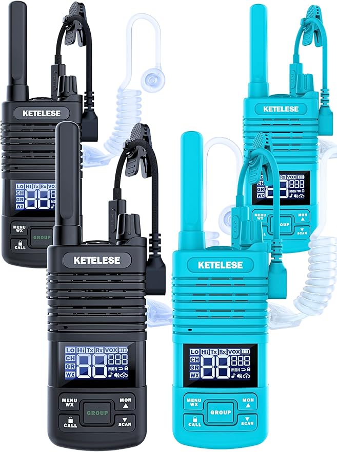 KETELESE T1 Walkie Talkies Long Range with Acoustic Tube Earpiece, Portable USB Type C FRS Two Way Radios, Rechargeable Walky Talky for Adults, NOAA, VOX for School Restaurant Church (4 Pack)
