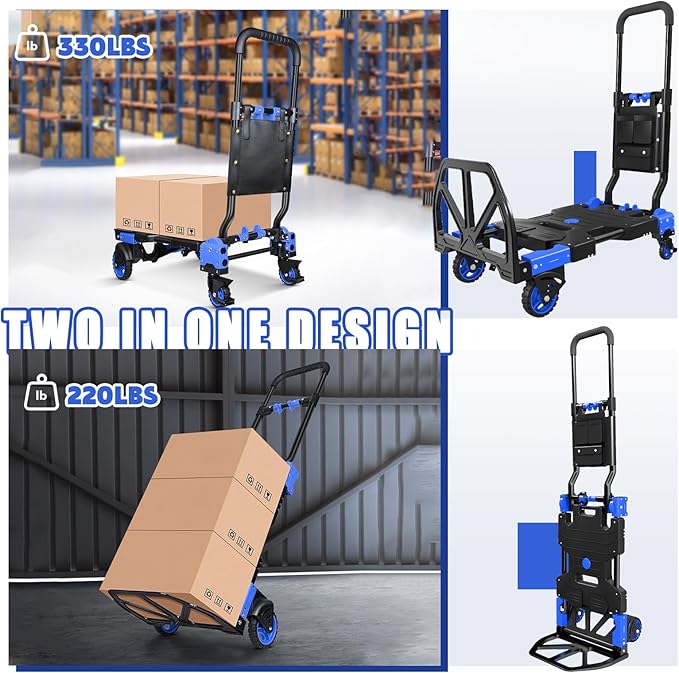 Folding Hand Truck, 2 in 1 Portable Heavy Duty Carrying Moving Dolly Cart with 4 Foldable Wheels and Retractable Handle Duty 330lbs (Blue)