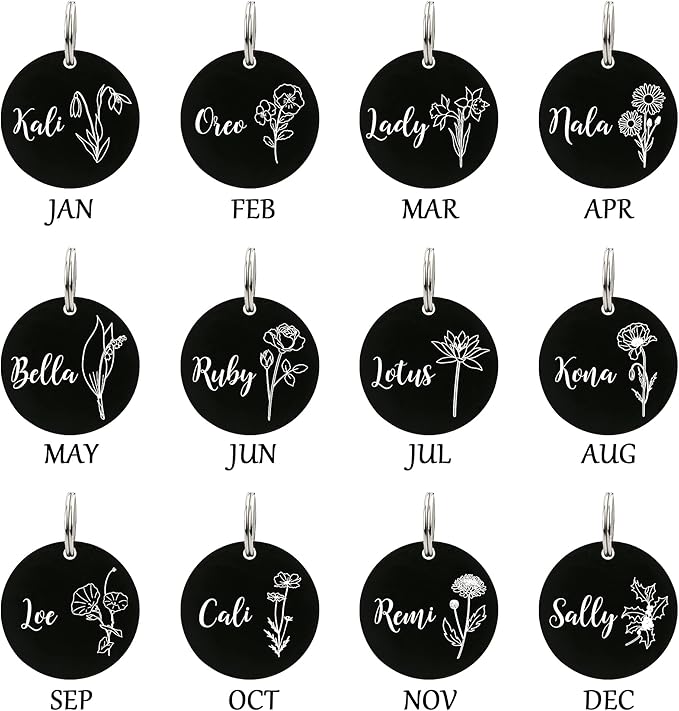 Ultra Joys Personalized Dog Tags for Pets - Durable Stainless Steel Customizable Dog Cat ID Tags - Dog Tags for Safety Optional Engraved on Both Sides -Birth Flower Round Dog Tag Small, Black