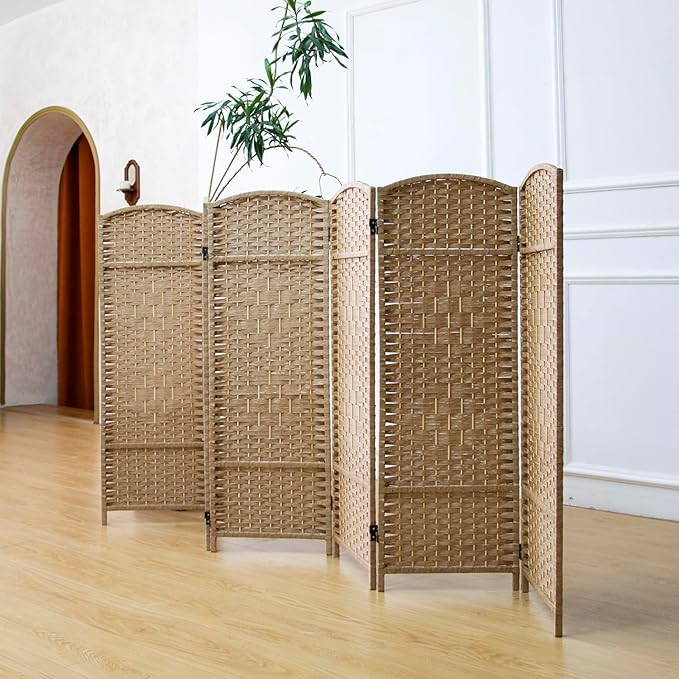 6 Panel Rattan Divider Short Room Partition Screen,Double Sided Folding Divider for Room Separation,Light Brown,47.2" H x 94.5" W