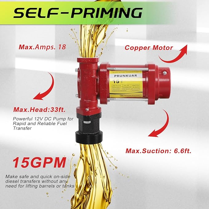 15GPM 12V Fuel Transfer Pump with Auto Nozzle, Particulate Filter for Gasoline Diesel Kerosene Biodiesel