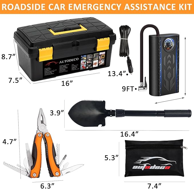 AUTODECO 98 PCS Roadside Car Emergency Assistance Kit with Portable Air Compressor Jumper Cables Safety Hammer All in One Pliers Tool Set（Orange）