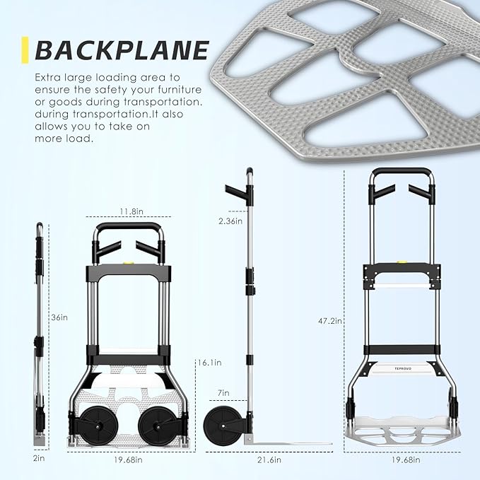 Folding Hand Truck Dolly Cart,340LB Capacity Portable Aluminum Dolly Cart with Telescoping Handle and 7 Inch Rubber Wheels for Moving,Shopping,Travel,Office Use