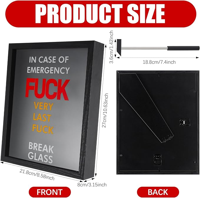 Marsui Emergency Break Glass Box with Hammer White Elephant Gag Gift 10"x8"x3" Wooden Display Case Wall Mountable for Christmas Birthday Money Not Included(Playful Emergency Box)