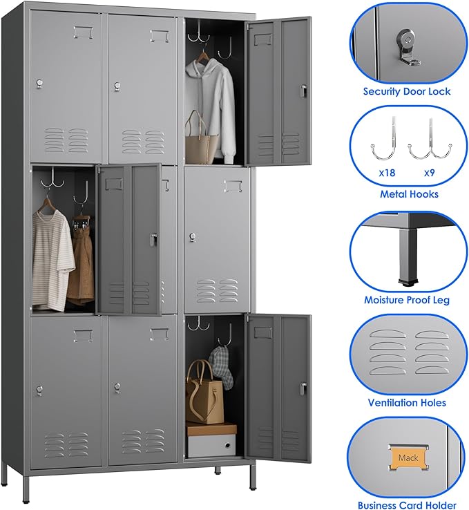Metal Lockers for Employees with 9 Doors and 27 Hooks, 72”H Storage Locker with Card Slot for Office Gym School Bedroom, Assembly Required, Dark Gray