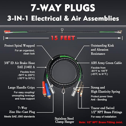 15FT Air Line Hose Kits, Dazakoot 3 in 1 Air Line for Truck Tractor Trailer, 7 Way ABS Electrical Cable and Semi AirLine Assembly with Aluminum Extension Handles and Emergency Glad Hands