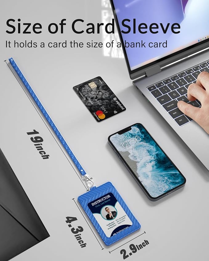 Carbon Fiber Work ID Card Holder with Lanyard is a Stylish and Durable Card Holder with Dual Card Capacity, Clear Display Window and Privacy Back Pocket (Blue)