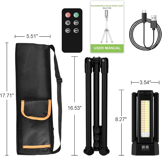 13200mAh Rechargeable Solar Work Light with Folding Stand Support and Portable Carrying Bag, 8000 Lumen Stepless Dimmable, 4 Lighting Modes, White/Warm/Warm White (Black(Remote))