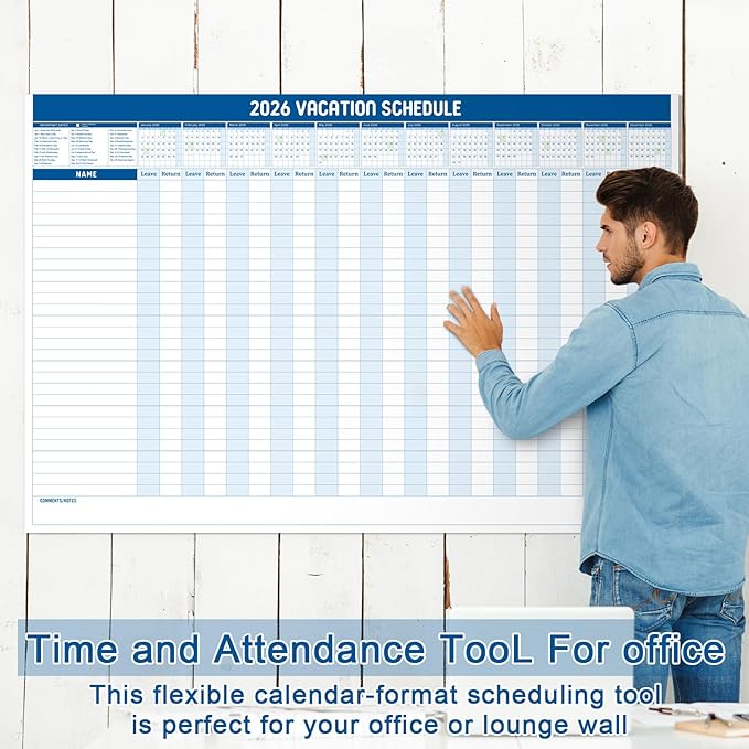Lincia Large Magnetic 2026 Full Vacation Schedule 24" x 36" Reusable Yearly Office Whiteboard Wall Vacation Planner