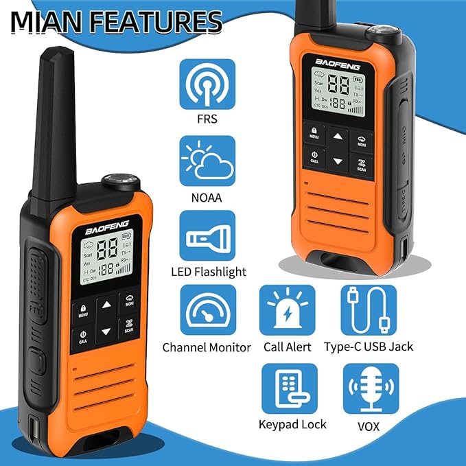 BAOFENG Walkie Talkies Long Range for Adult, 4Pack Rechargeable Walkie Talkie FRS Two Way Radio 1400mAh Li-ion Battery ，USB-C Cable， NOAA with Flashlight for Camping Family