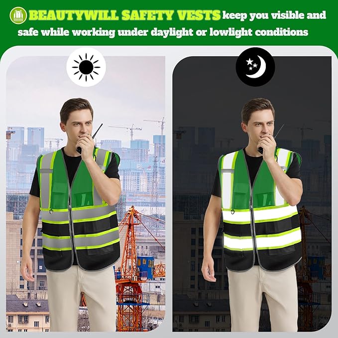 BeautyWill 10 Pack Custom Logo Safety Vest ANSI Class 2 High Visibility Reflective Vest Personalized Construction Vest Bulk
