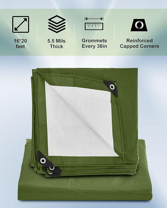 1 Pcs Large Waterproof Tarp 16 x 20 ft Heavy Duty 5.5 Mil Thick Poly Tarpaulin with Grommets Multipurpose Protective Cover for Summer Home Boats Cars Camping RV Pool Tent