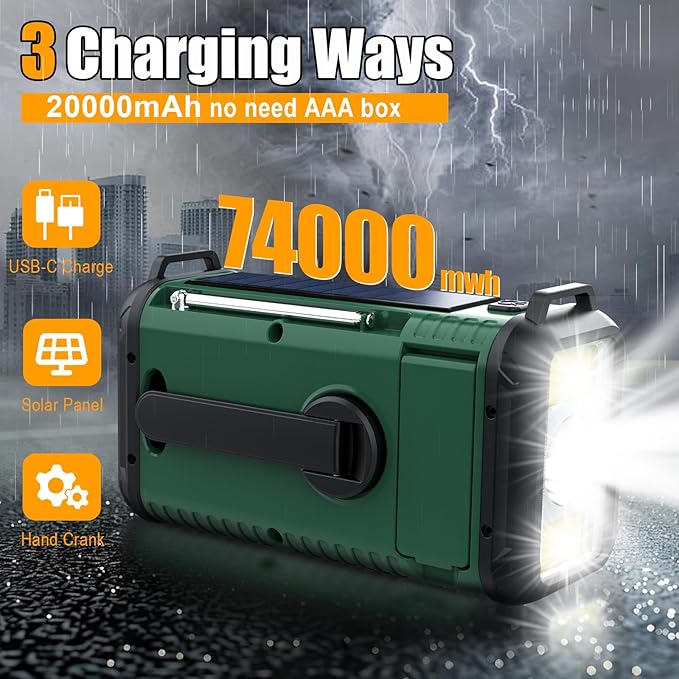 Emergency Weather Radio, 20000mAh NOAA/AM/FM Solar Hand Crank Radio with USB Phone Charge, Battery Powered, SOS Alarm, LED Reading Lamp & Flashlight for Emergencies Survival