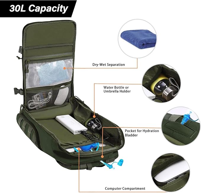 MOSISO 30L Military Tactical Backpack for Men, Army Backpack Military Daypack 3 Day Assault Pack Hiking Rucksack Bug Out Bag, Army Green