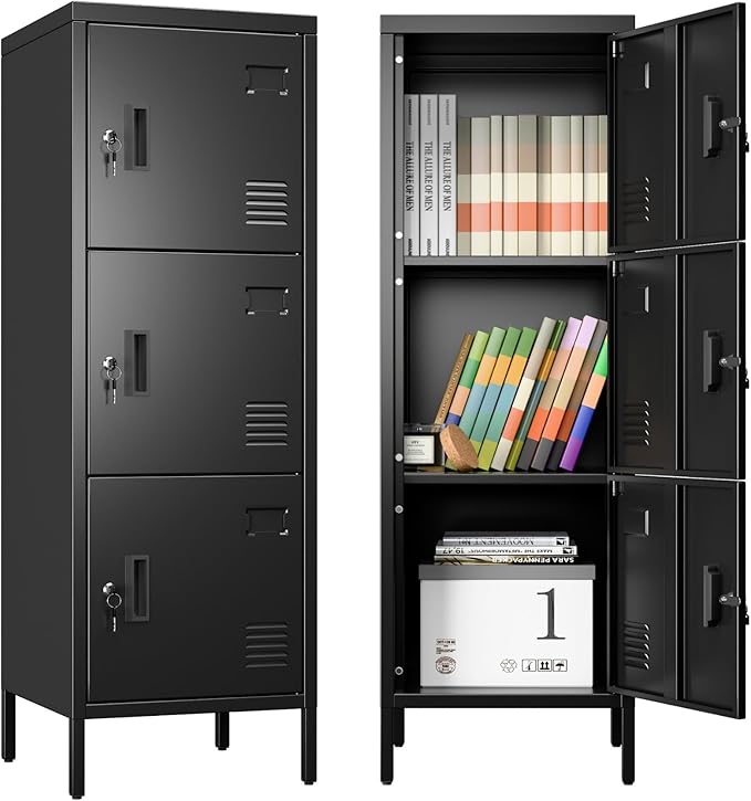 METAN Metal Storage Employees Locker with 3 Lockable Doors,47''H*16''W*16''D Locking Storage Cabinets for Small Spaces,Home,School,Gym,Assembly Required,Black