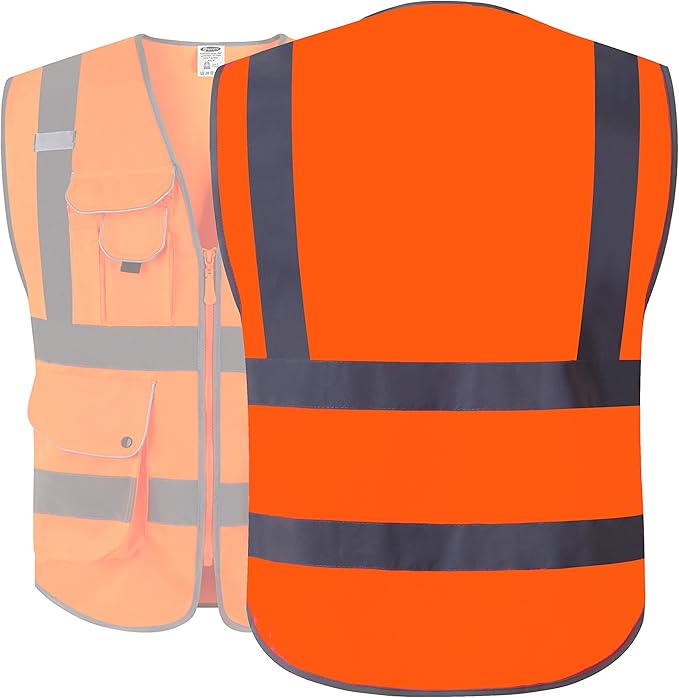 JKSafety 9 Pockets Class 2 High Visibility Zipper Front Safety Vest With Reflective Strips,Meets ANSI/ISEA Standards (150-Orange 3XL)