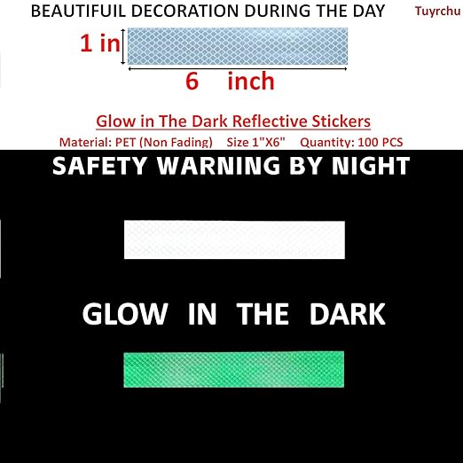 Glow in The Dark Reflective Stickers 1 inch X 6 inch for Car, High Visibility Warning Safety Reflective Strips (100 Pcs)