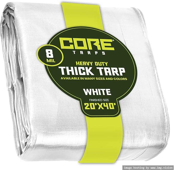 Core Tarps Heavy Duty 8 Mil Tarp Cover, Waterproof, UV Resistant, Rip and Tear Proof, Poly Tarpaulin with Reinforced Edges for Roof, Camping, Patio, Pool, Boat. (White 20′ X 40′)