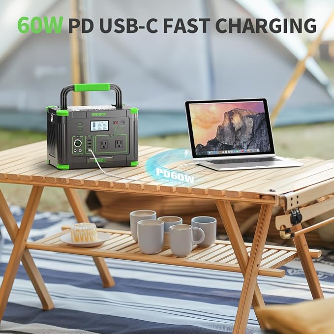 Portable Power Station EBL 500W, 519Wh Solar Generator with 2 AC 110V Outlets, USB-C PD 60W Fast Charging, 10 Ports including Wireless Charger for Camping RV Emergency Off-Grid Living (Peak 1000W)