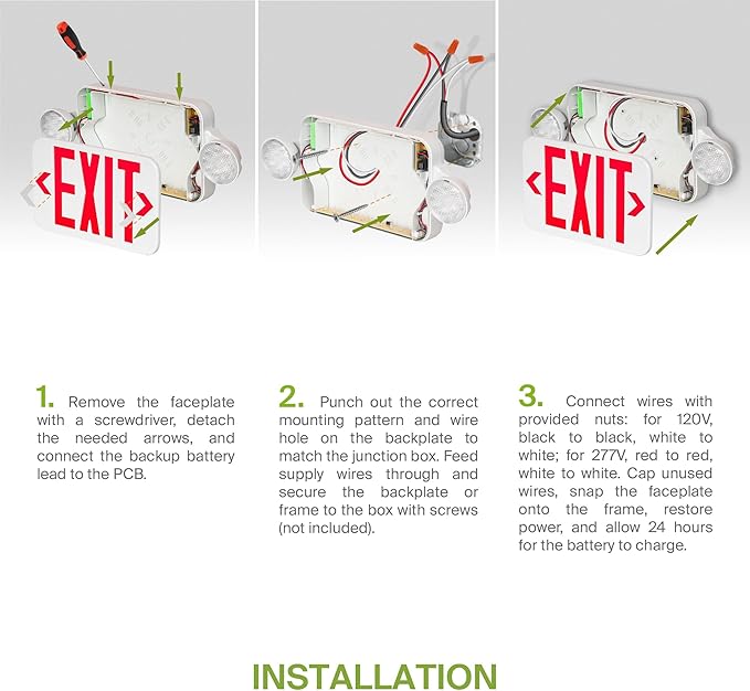 ASD LED Exit Sign with Battery Backup & Round Rotatable Heads - 120-277V UL 2.2W Double Face Emergency Exit Light for Business, Commercial Damp Location Power Outage Lights, Red