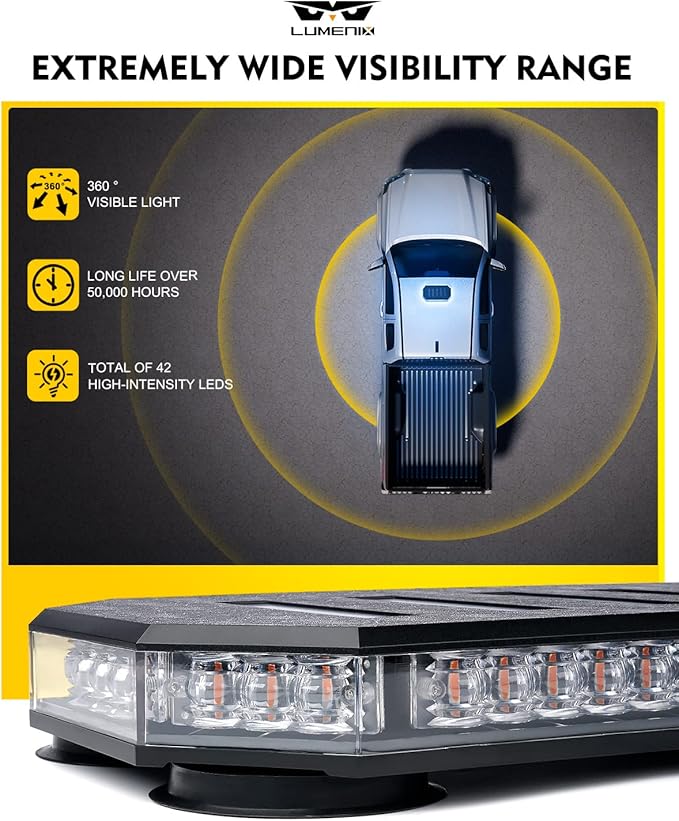LUMENIX 42 LED Roof Top Strobe Beacon Light Bar Hazard Warning Emergency Flashing Police Cop Lights with Controller for First Responders Volunteer Firefighter POV Vehicles Trucks Blue (Patent Design)