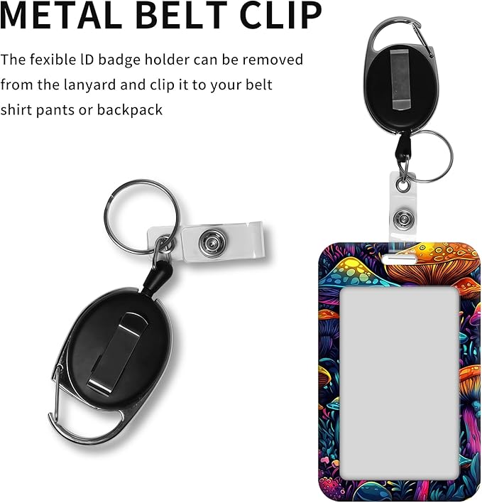 ID Badge Holder with Retractable Lanyard for Women & Men,Vertical ID Card Holder Wallet,Clear Window&Card Slot,Detachable Neck Strap for Nurse Teacher Office,Colorful Mushroom
