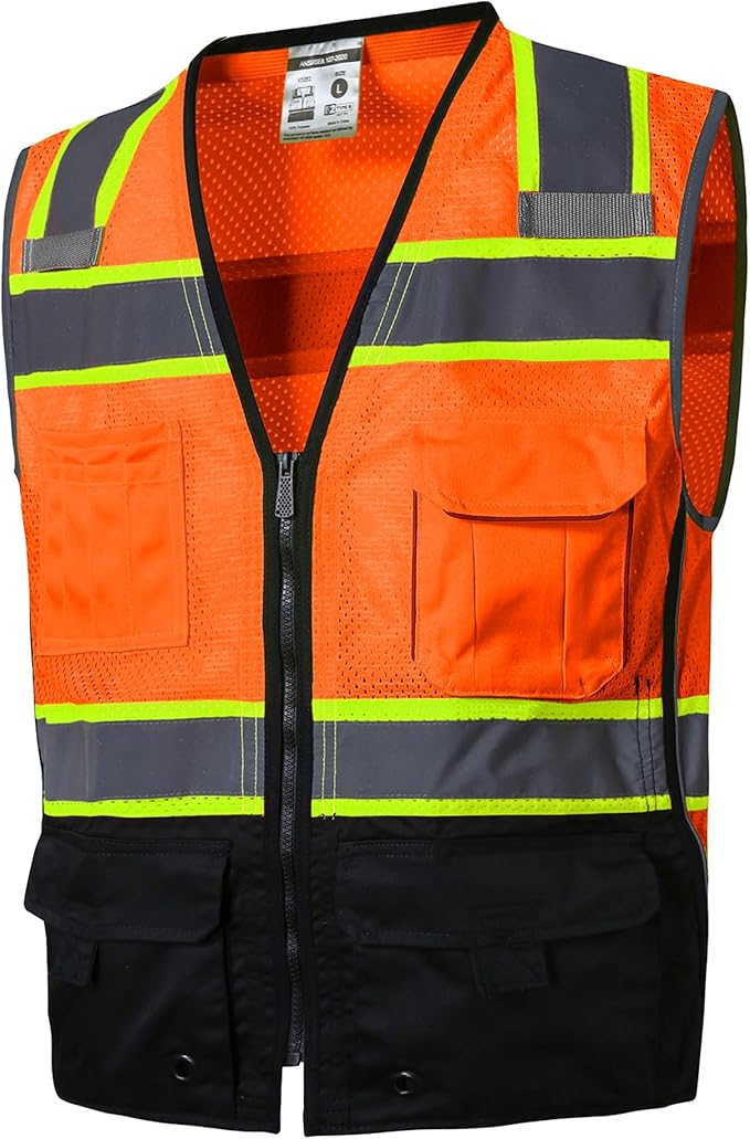 SKSAFETY Professional Class 2 High Visibility Safety Vest With Zipper - 10 Pockets, Reflective Strips, ANSI/ISEA Standard, Construction Work (Orange Black, 5XL)