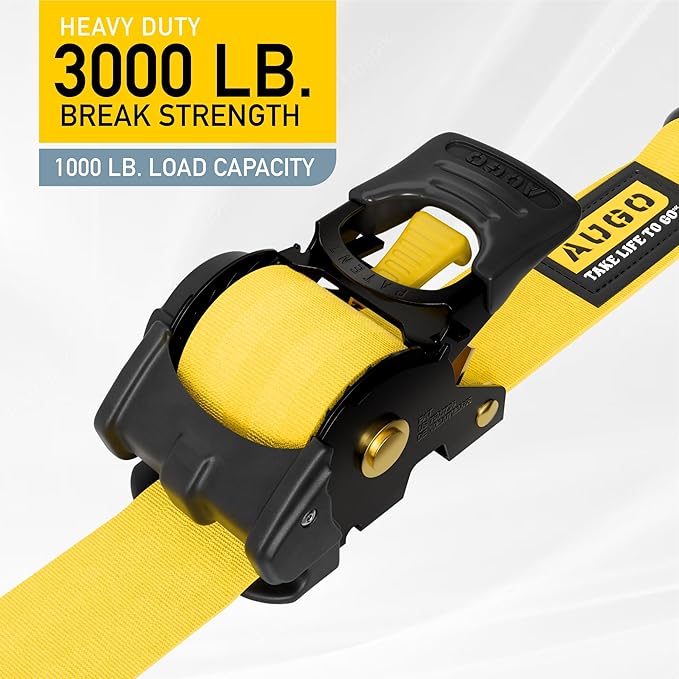AUGO Retractable Ratchet Straps | 2 Heavy Duty Ratchet Straps Self Retractable Tie Downs with Soft Loops & Storage Bag for Motorcycle, Truck, Trailer, Cargo Van | 3000 Lb Break Strength 2” x 10’