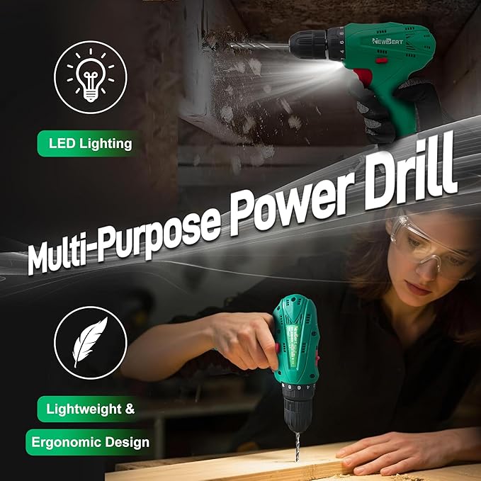 Power Drill Set, 12V Cordless Drill with 2 Battery and Charger, 2 Variable Speed, 18+1 Torque Setting, Tools for Home and DIY Project