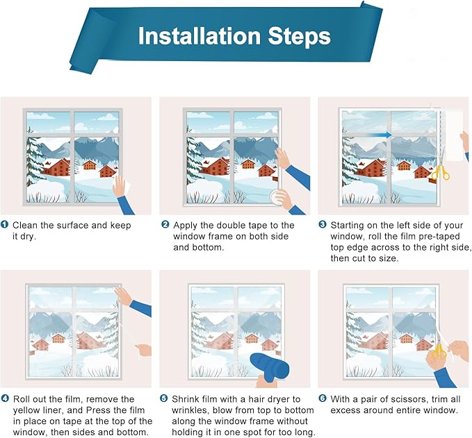 Window Insulation Kit for Winter Fits up to 10 Windows, Plastic Window Winterizing Seal Kit 63 Inch×32 Ft with Double-Sided Tape, Heavy Duty Rolled Shrink Film Easy Installation, Clear