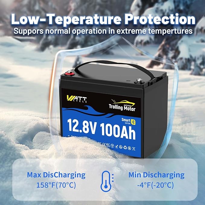 Wattcycle 12V 100Ah LiFePO4 Battery 3 Pack, Lithium Battery 12V 120A BMS, IP67 Marine Batteries for Trolling Motor, Built-in Bluetooth, Monitor, Mobile APP, Perfect for RV, Marine, Home Energy, Solar