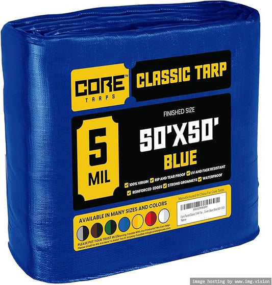 Core Tarps Classic 5 Mil Tarp Cover, Waterproof, UV Resistant, Rip and Tear Proof, Poly Tarpaulin with Reinforced Edges for Roof, Camping, Patio, Pool Cover, Boat (Blue 50′ X 50′)