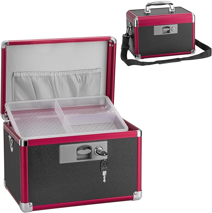 Medicine Lock Box for Safe Medication - 15 x 8.7 x 9.4 Inches - Lockable Storage Box for Drugs, First Aid Kit Empty, Lock Boxes with Key for Home/Outdoor (Black & Red/X-Large)