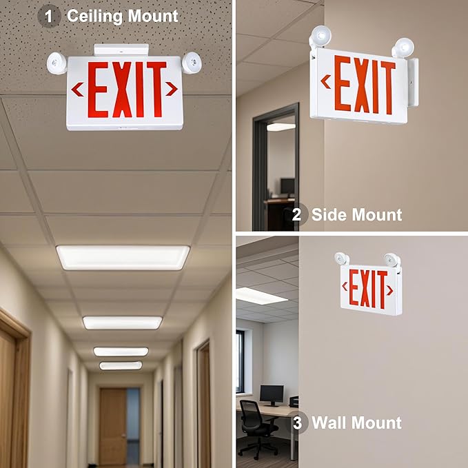 Gruenlich Exit Signs with Emergency Lights, 2 Adjustable LED Head with Battery Backup, 94V-0 Fire Resistant, AC 120/277V, Hardwired Commercial Emergency Light Combo for Business, 12 Pack