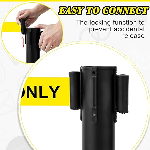Therwen 6 Pack Heavy Duty Crowd Control Stanchions 9.8 ft Stainless Steel Stanchion Set with 6 Safety Barrier Post Retractable Belt and 1 Sign Holder Crowd Control Barrier(Caution Belt,Black)