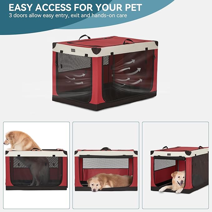 PETSFIT Soft Dog Crate, with Patented Adjustable Fabric Cover, Chewproof & Lockable Mesh Doors, Waterproof Base Portable Kennel Red 36 Inch