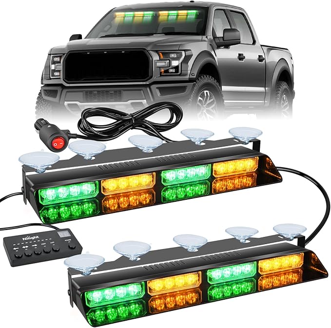 Nilight 32LED Amber Green Emergency Dash Strobe Lights with Controller Suction Cups Warning Hazard Interior Front/Rear Windshield Deck Split Light Bar for Truck Construction Vehicle