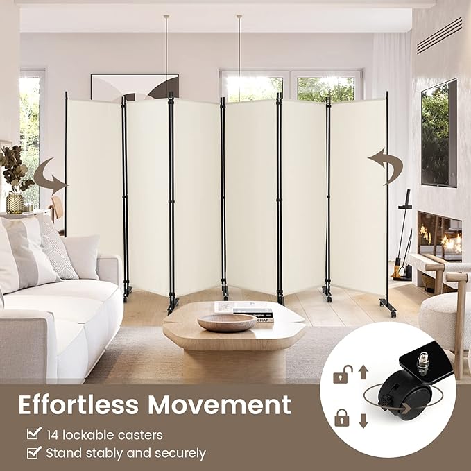 Giantex 6 Panel Room Divider, 132''W x 68''H Large Folding Privacy Screen, Rolling Partition Room Dividers for Home Office Studio Separation, Freestanding Fabric Wall Divider Screen on Wheels, Beige