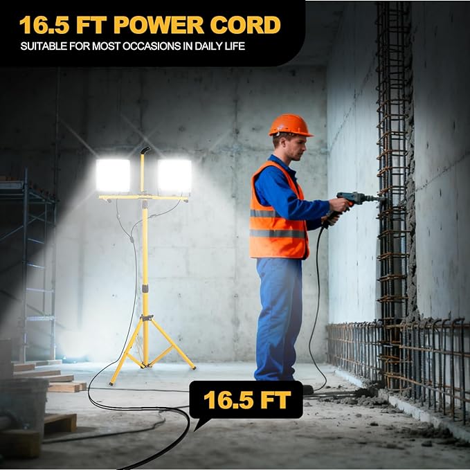 30000 Lumen LED Work Light with Stand, 2-Head Adjustable Work Lights with 16.5FT Extended Cord, IP65 Waterproof Work Lamp for Indoor & Outdoor Job Sites, Workshops, Construction, Garage Lighting