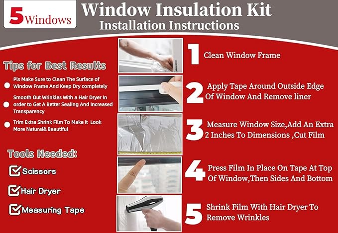 5-Window Shrink Film Window Insulation kit（62-Inch x 210-Inch），Insulating Film Window Kit Keeps Cold Air Out and Warm Air in (5 Windows)